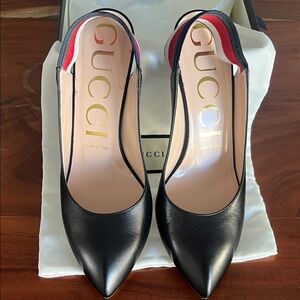 Gucci Black Leather Pointed Slingback Pumps with Red & Navy Striped Elastic